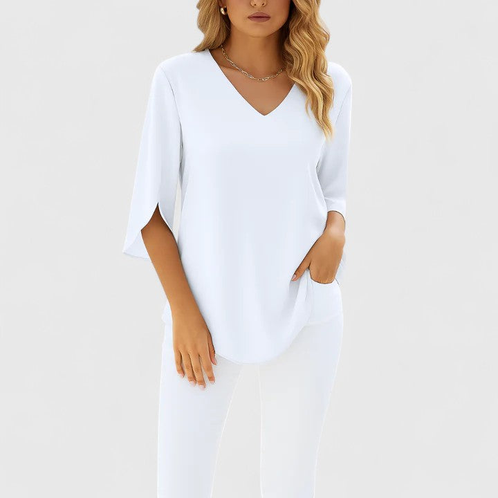 Violetta™ | Sophisticated V-Neck Blouse with Split Sleeves