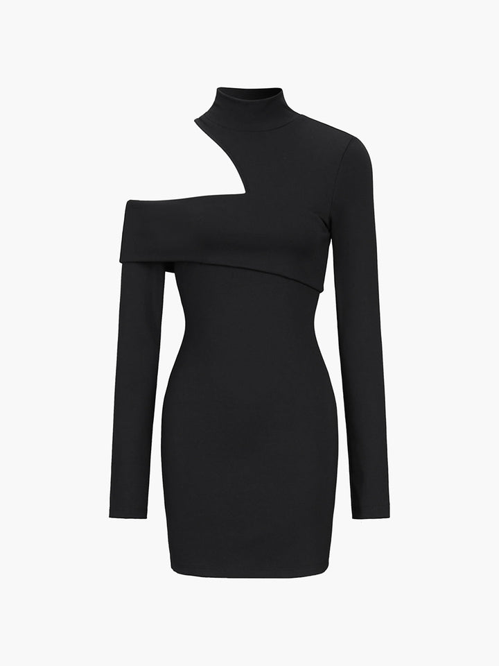Mock Neck Oblique Cutout Rib Long Sleeve Short Dress