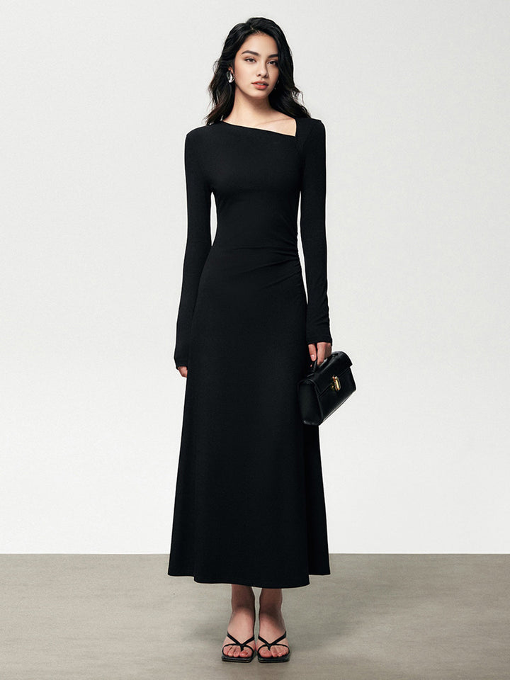 Ribbed Knit Asymmetric Long Sleeve Bodycon Long Dress