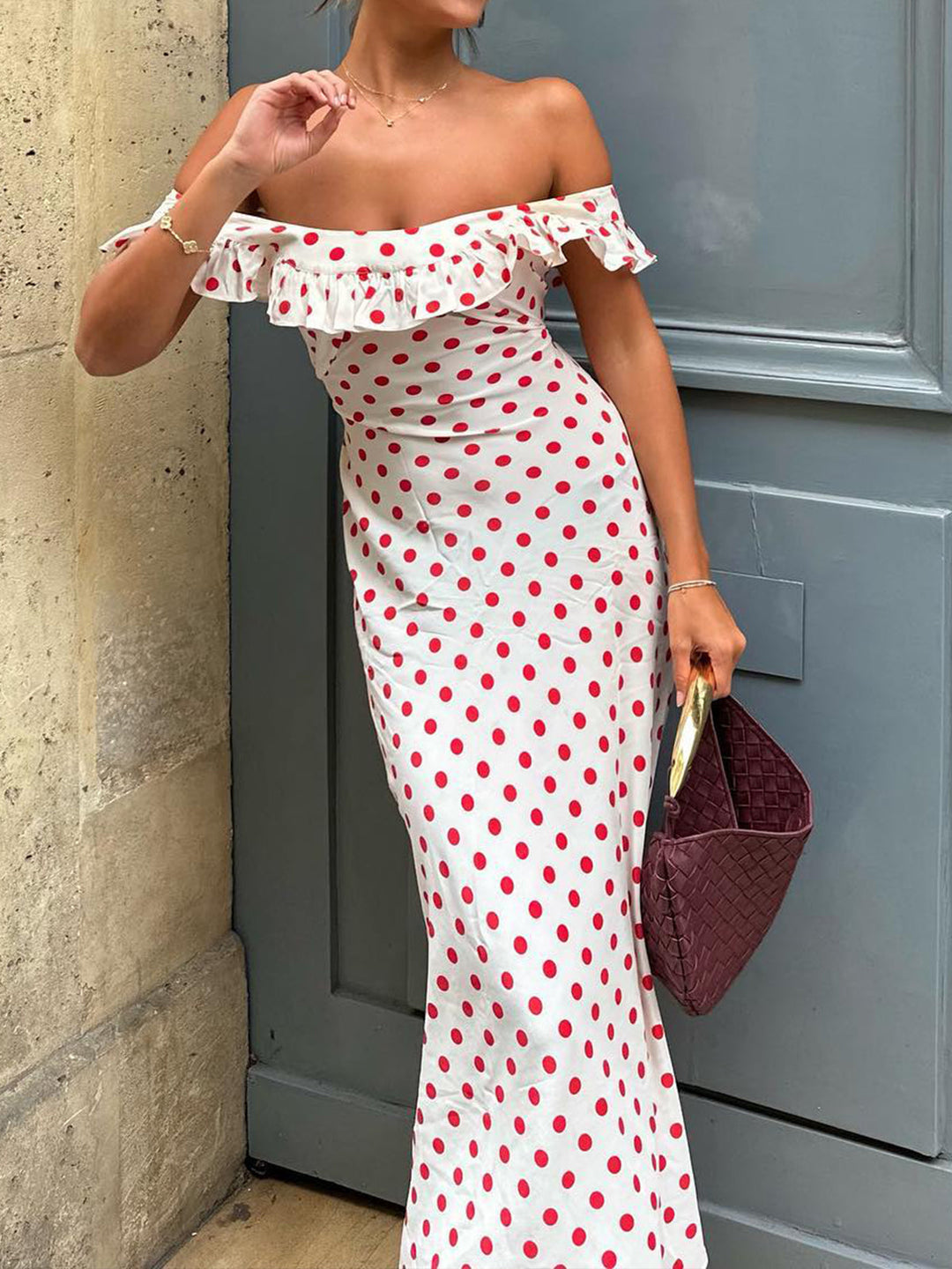 Semi-Sheer Polka Dot Ruffle Hem Off-Shoulder Long Dress