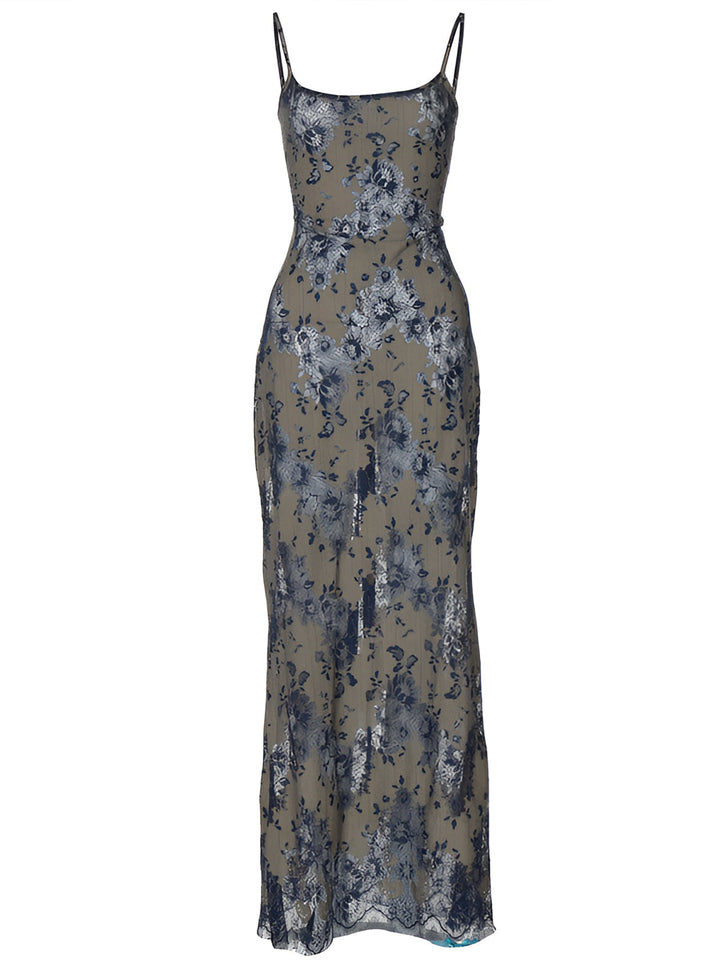 Semi-Sheer Midnight Garden Lace Up Cami Long Dress