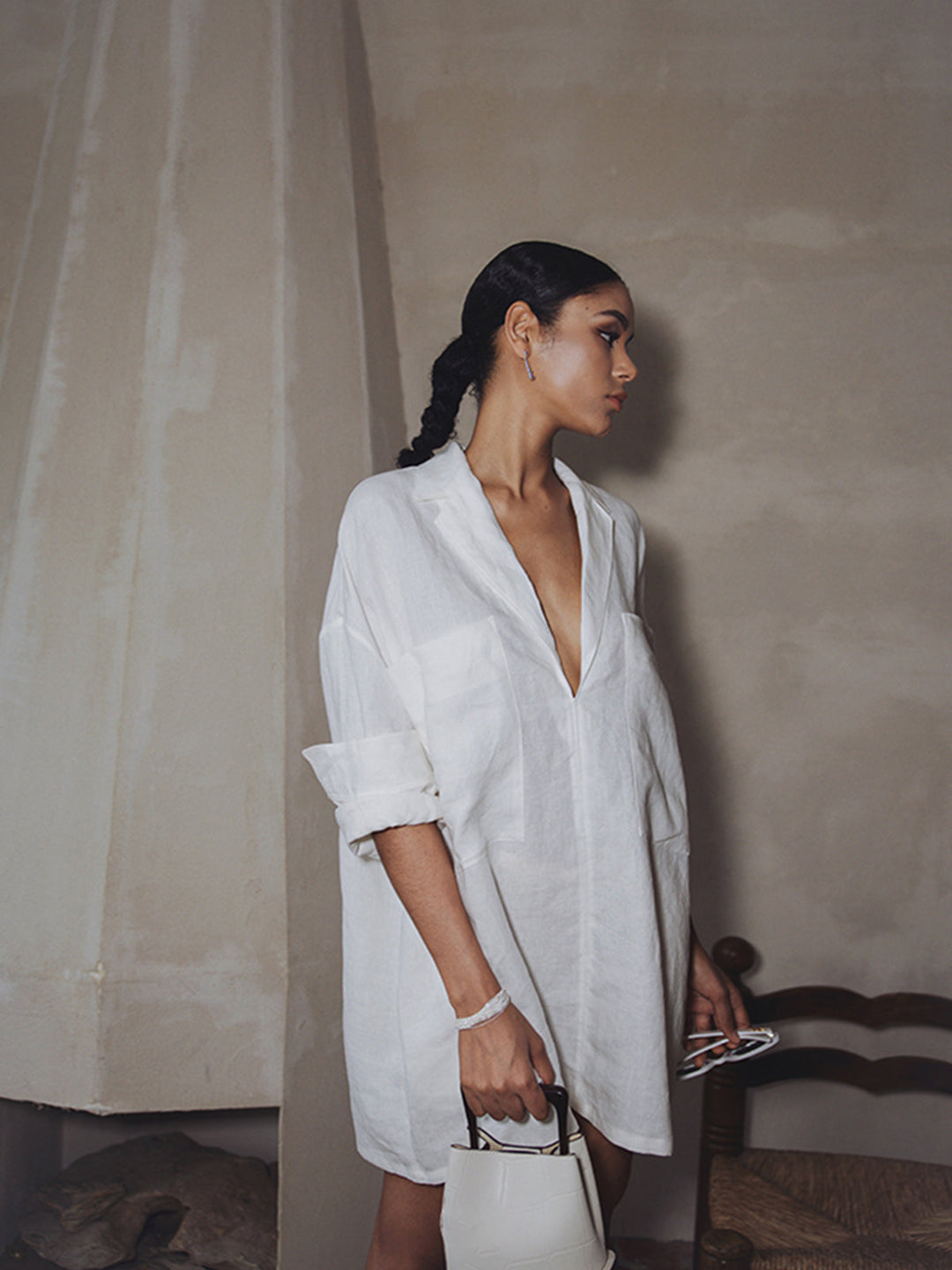 Linen Pockets Semi-Sheer Long Sleeve Dress