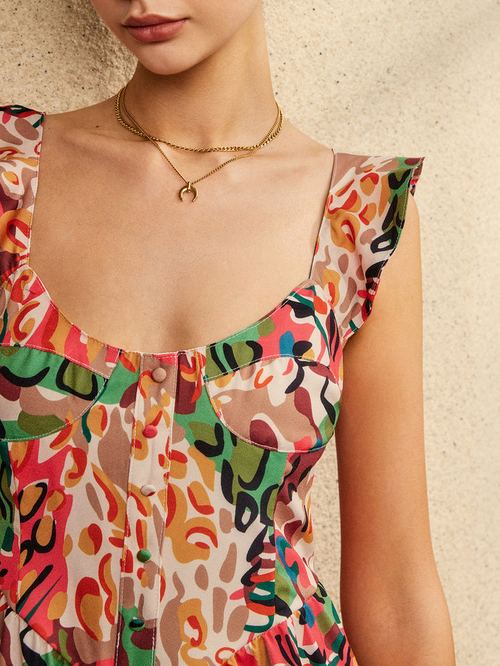 Print Low Cut Ruffle Short Jumpsuit