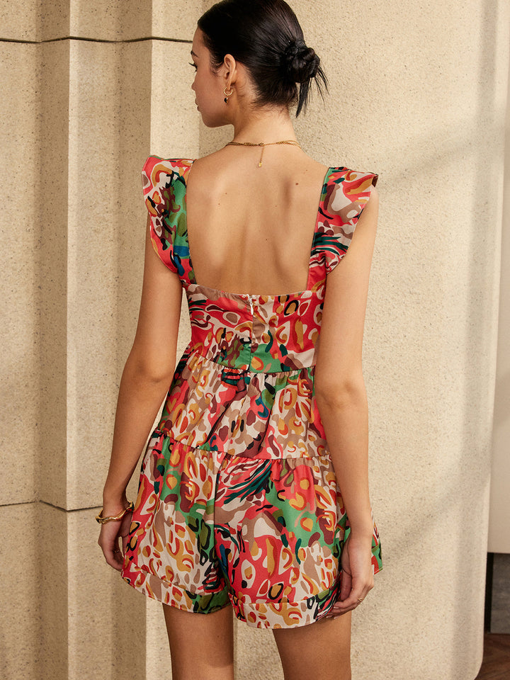 Print Low Cut Ruffle Short Jumpsuit