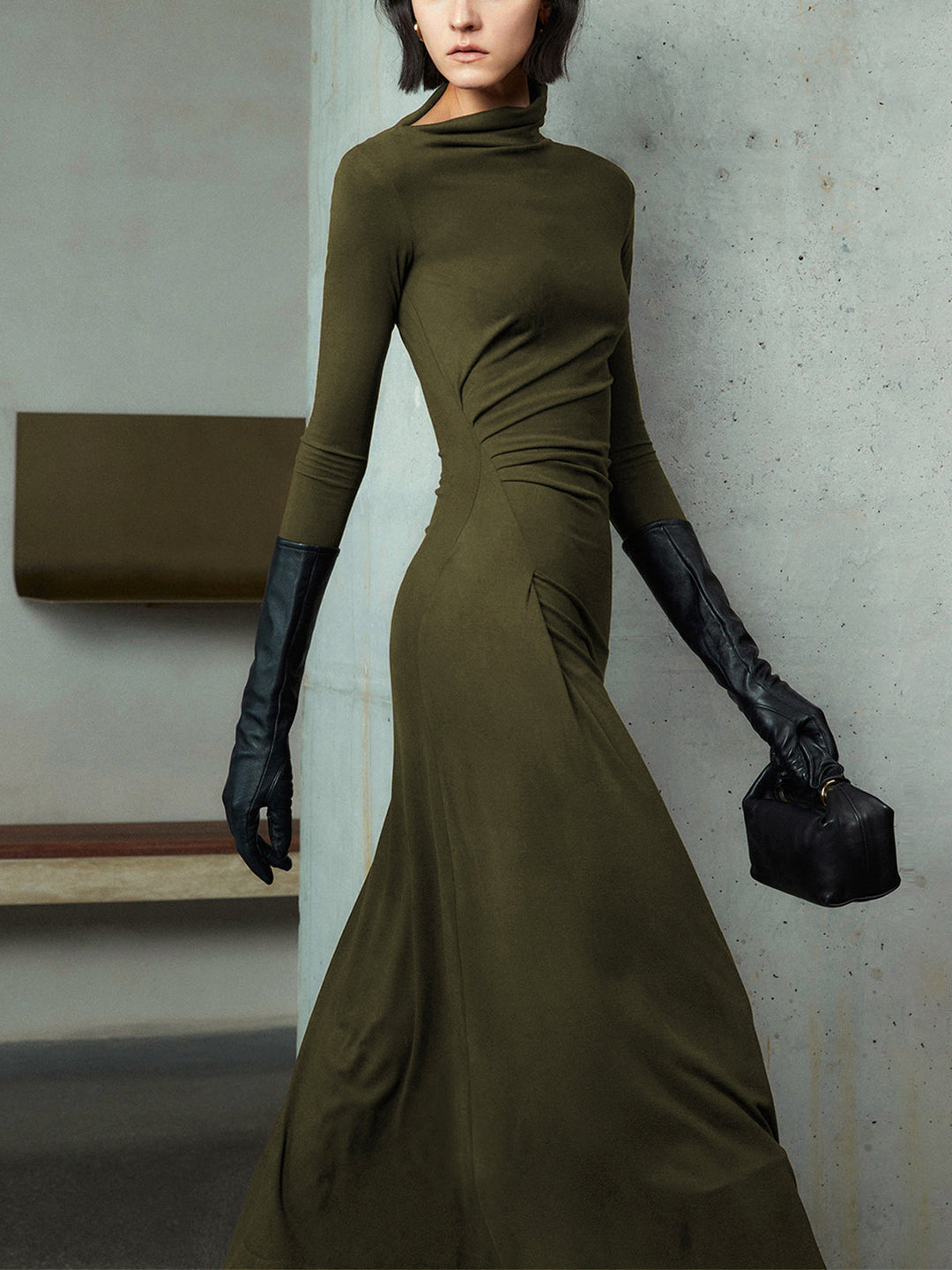 Bodycon Asymmetrical Neck Long Sleeve Ruched Maxi Dress