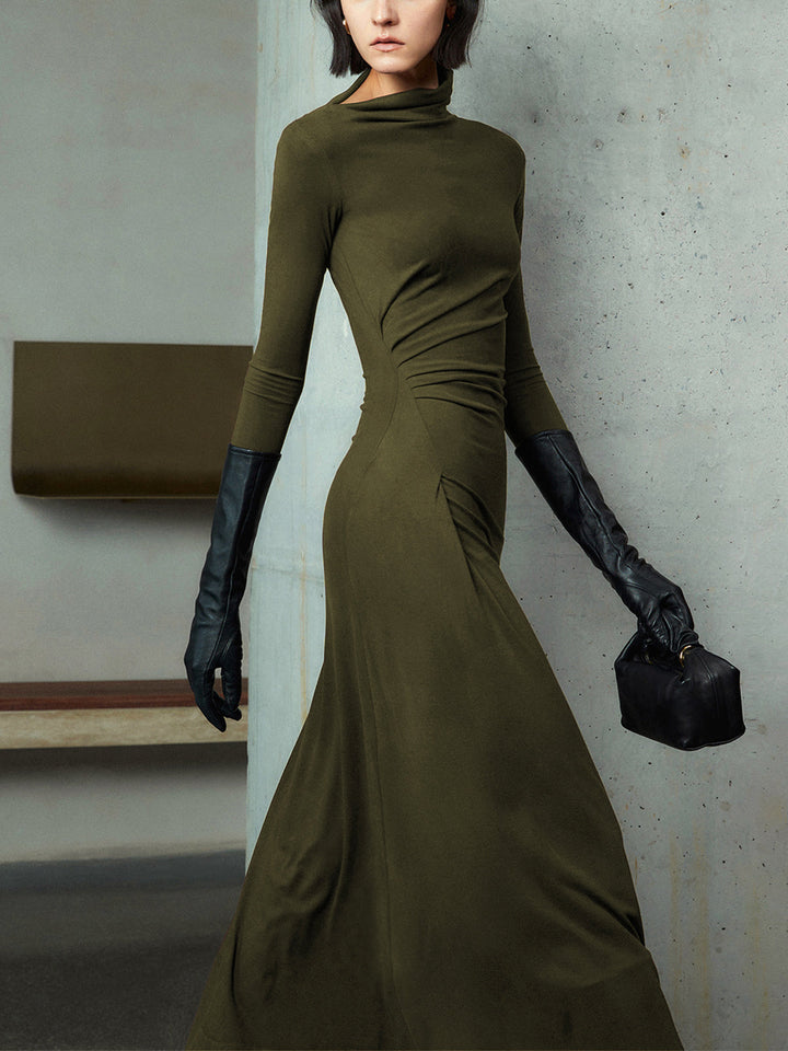 Bodycon Asymmetrical Neck Long Sleeve Ruched Maxi Dress