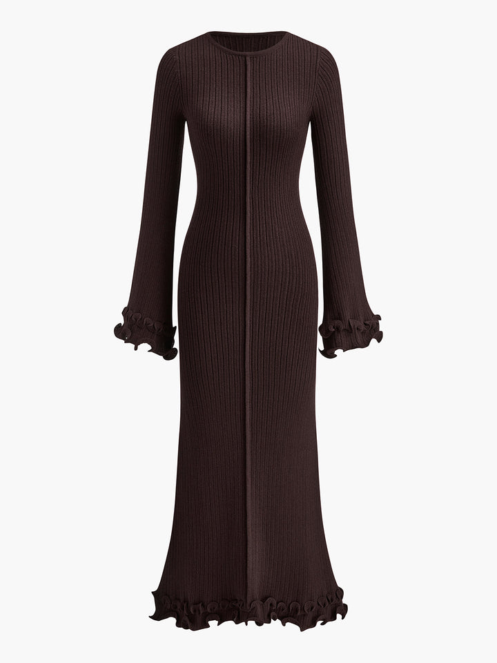 Semi-Sheer Piping Ruffle Drawstring Knit Dress