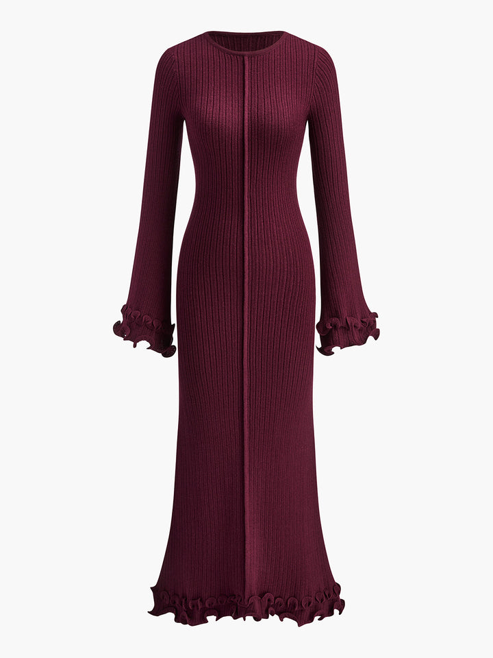 Semi-Sheer Piping Ruffle Drawstring Knit Dress