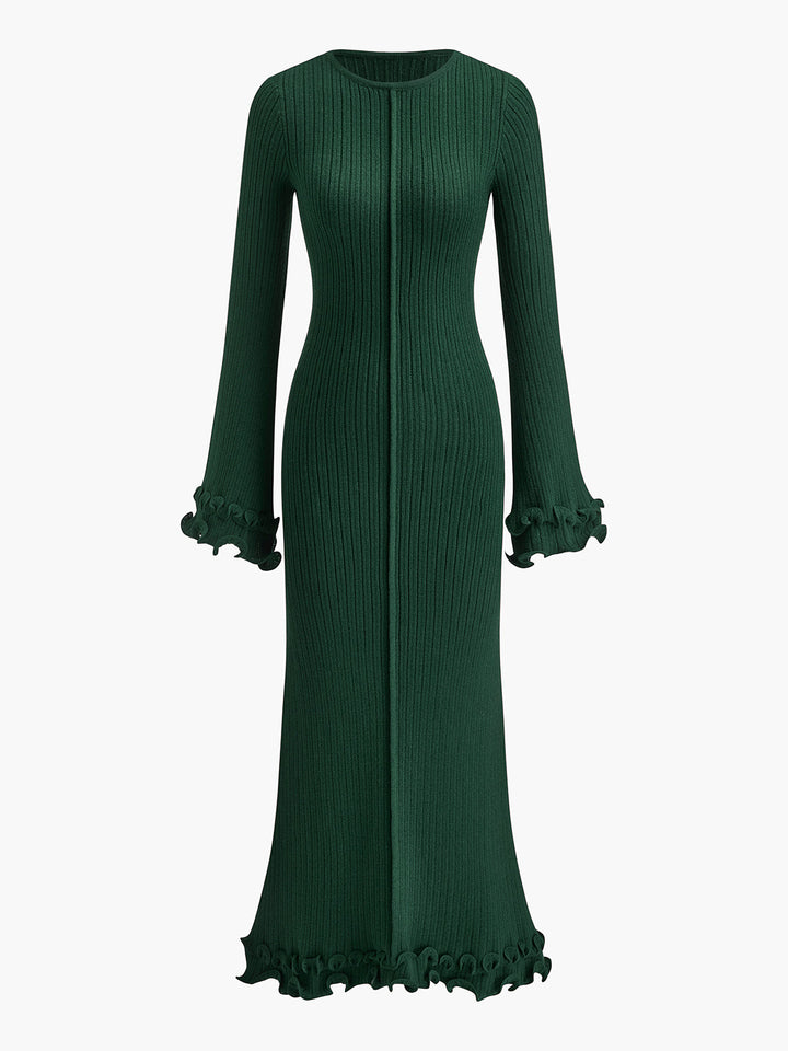 Semi-Sheer Piping Ruffle Drawstring Knit Dress