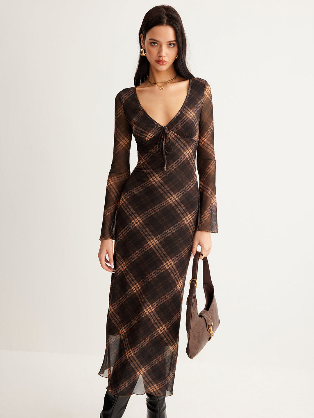 Semi-Sheer Checked Bell-Sleeve Mesh Dress