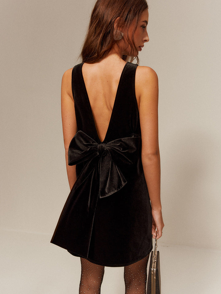 Bow-Decor Backless Velvet Tank Dress