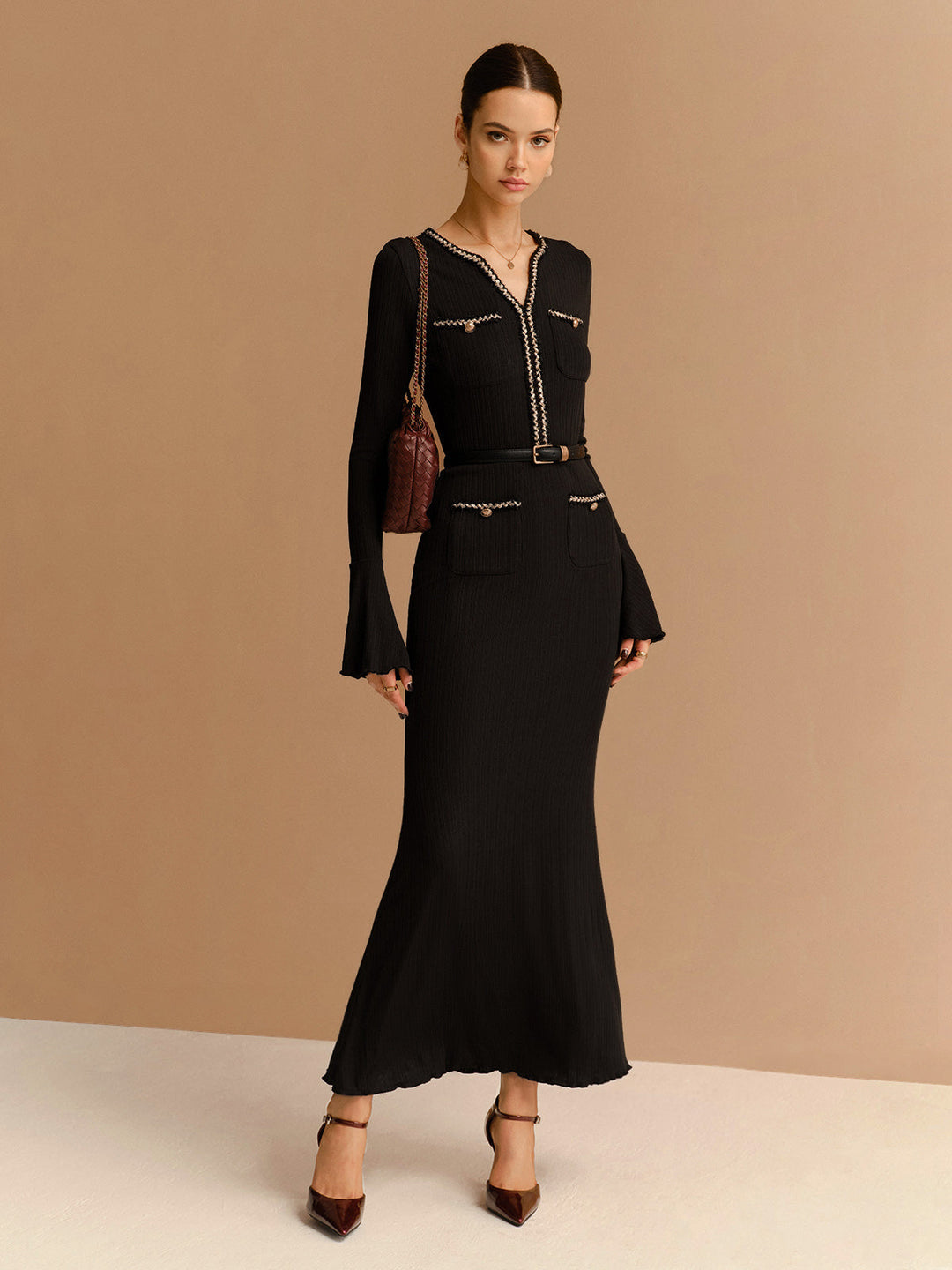 Elegant Contrast Binding Ruffle Slim Dress Without Belt