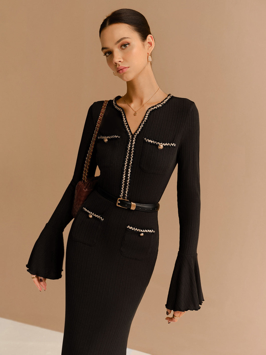 Elegant Contrast Binding Ruffle Slim Dress Without Belt