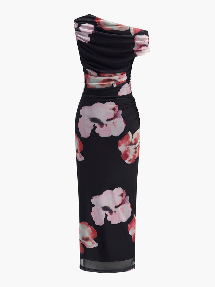 Asymmetrical Neck Floral Mesh Dress