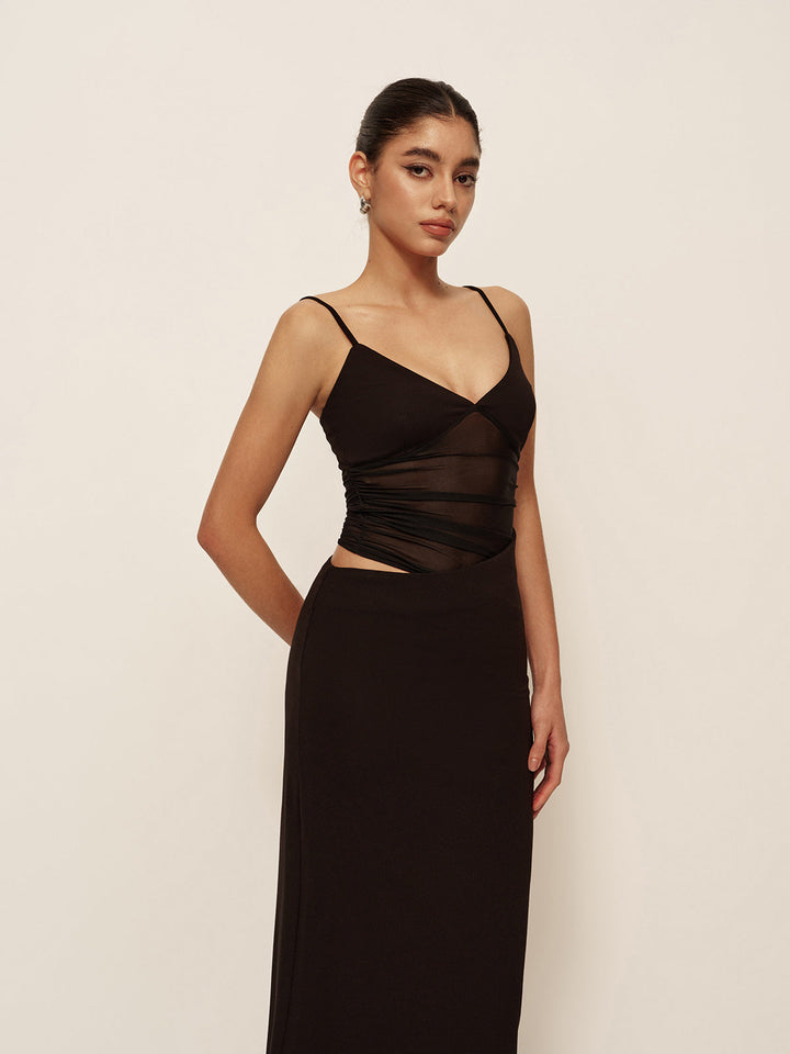 Semi-Sheer Low V-Neck Asymmetrical Ruched Dress