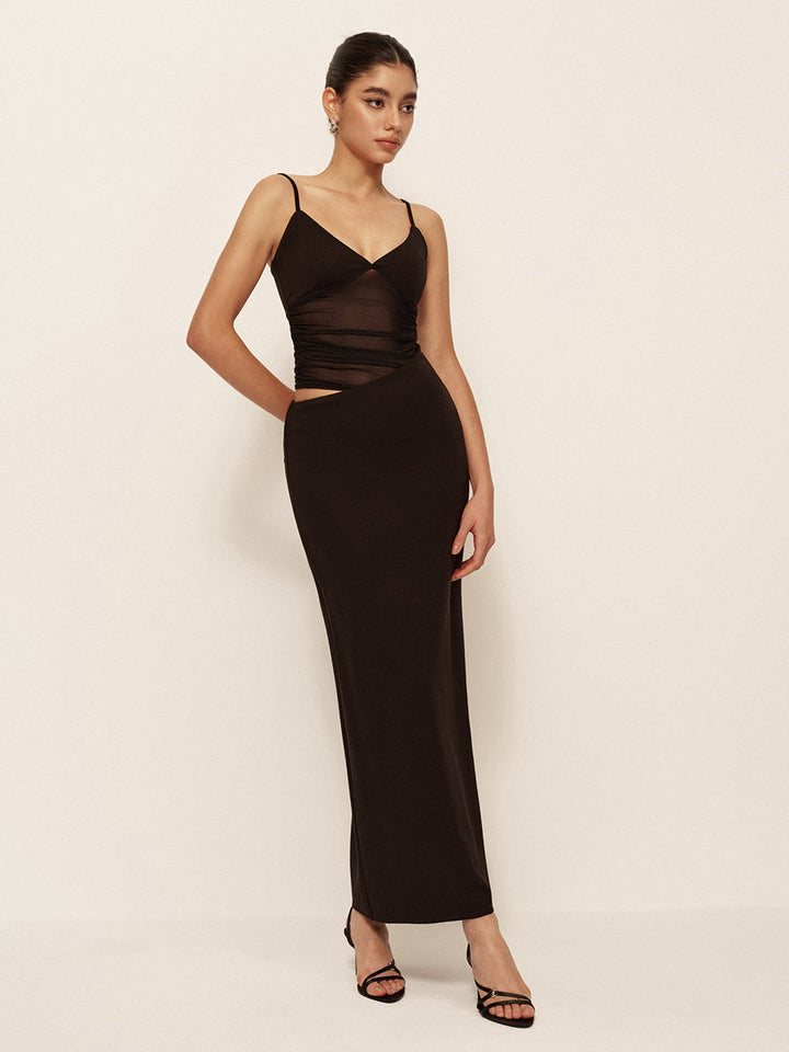 Semi-Sheer Low V-Neck Asymmetrical Ruched Dress