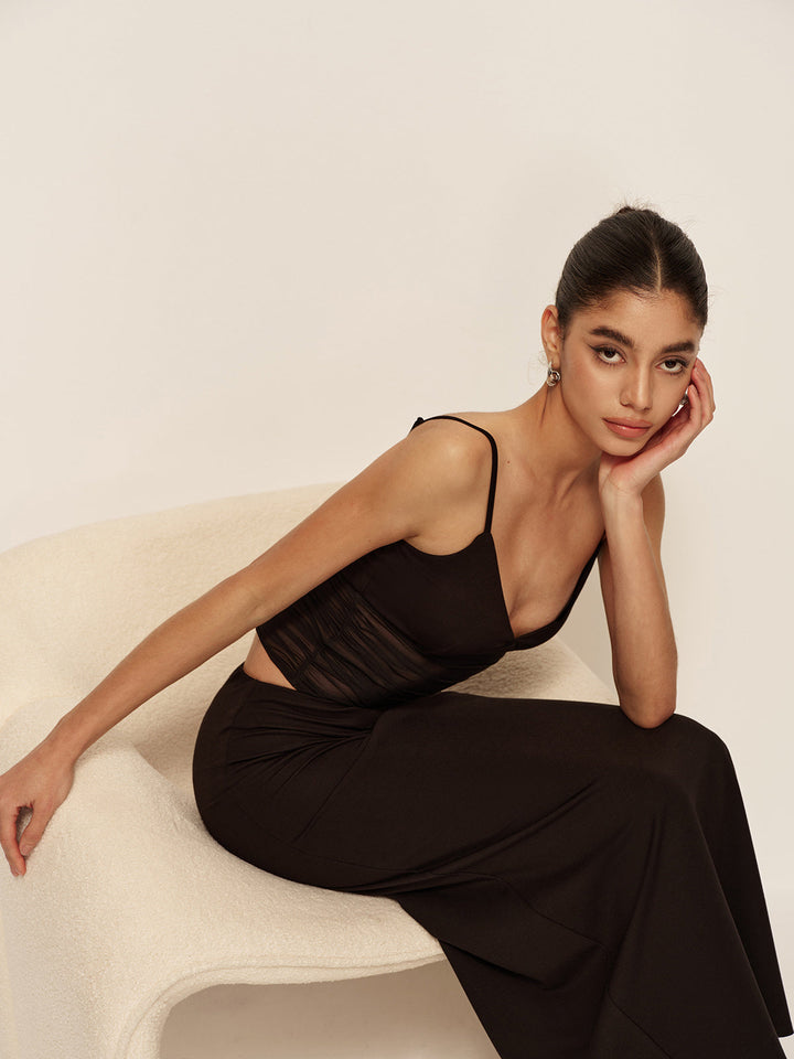 Semi-Sheer Low V-Neck Asymmetrical Ruched Dress