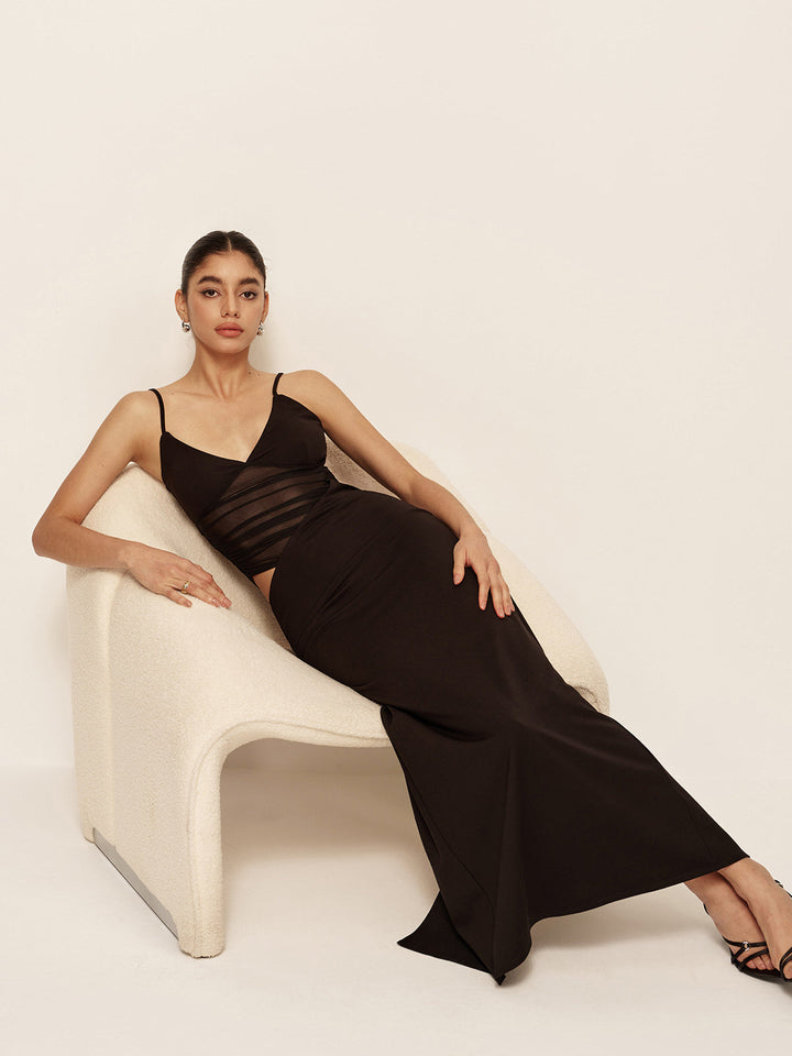 Semi-Sheer Low V-Neck Asymmetrical Ruched Dress