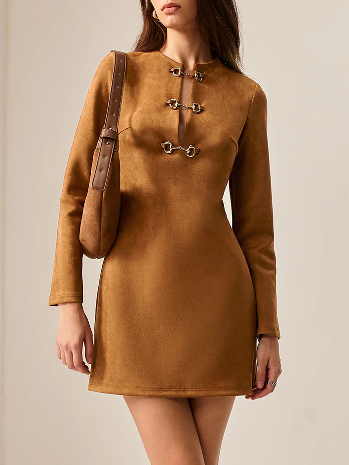 Suede Effect Metal-Detail Short Dress