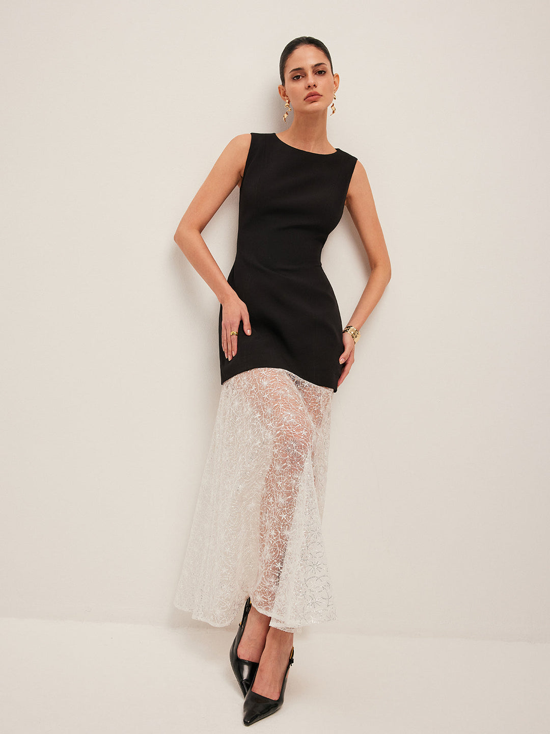 Sheer Lace Panel Sleeveless Dress