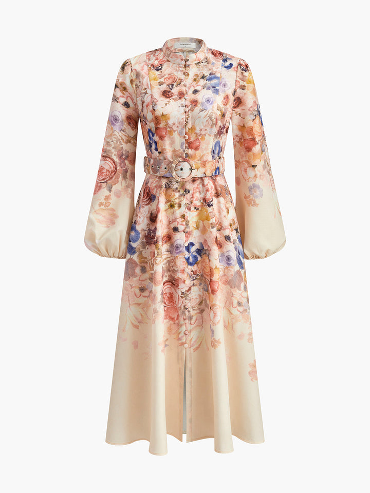 Belted Balloon Sleeve Floral Dress