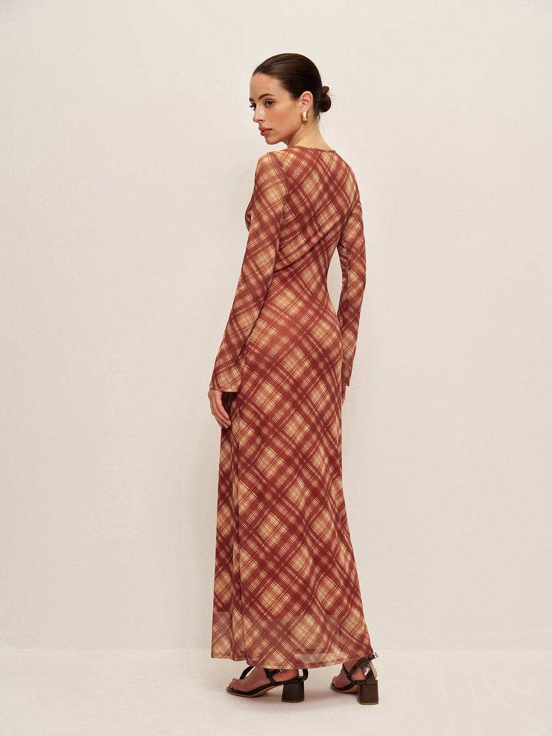 Plaid Tie-Front Long Sleeve Dress