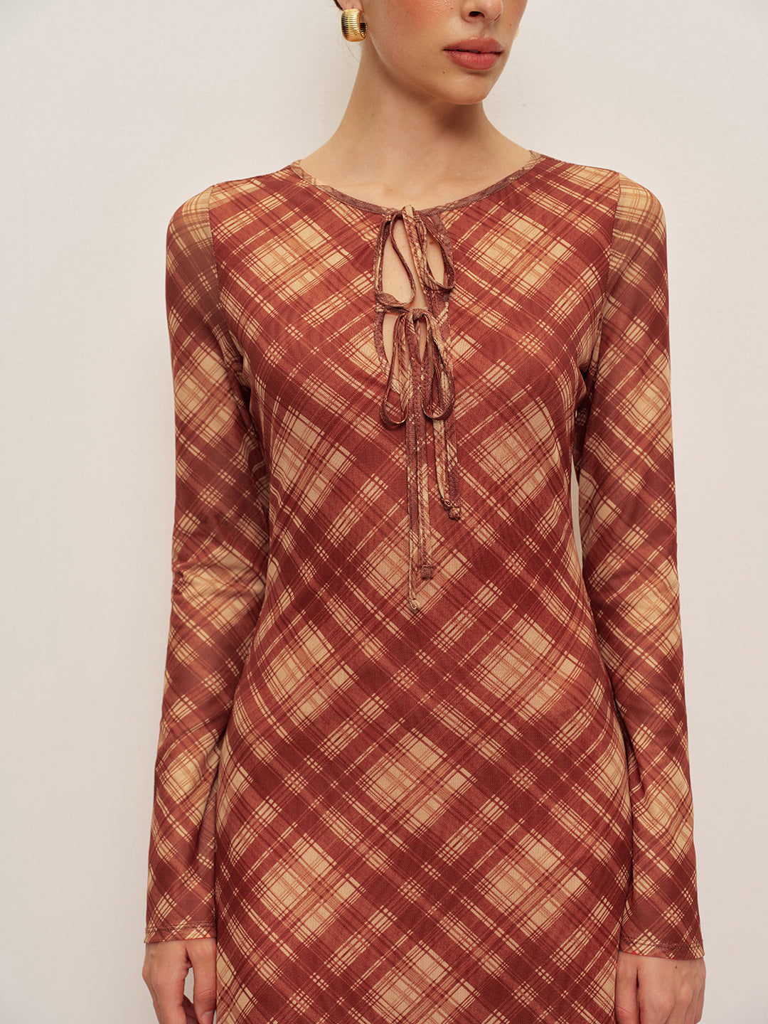 Plaid Tie-Front Long Sleeve Dress