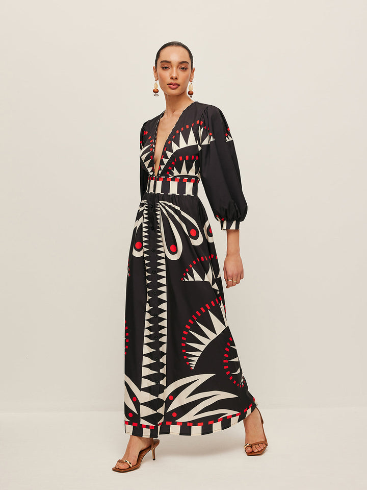 Boho Print V-Neck Split Dress