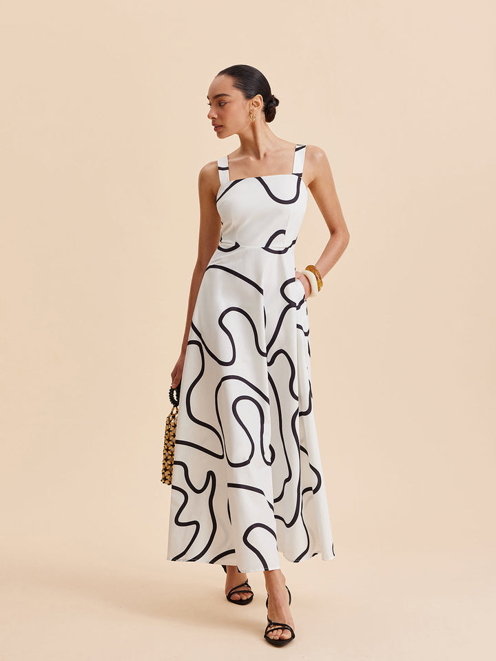 Abstract Line Print Square Strap Dress