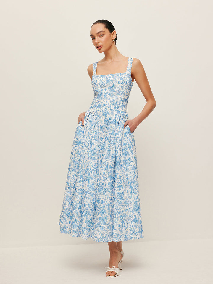 Square-Neck Printed Dress With Pockets