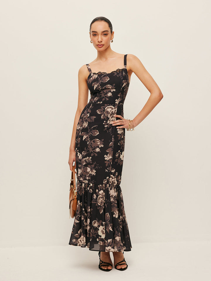 Chiffon Floral Ruffle Hem Dress