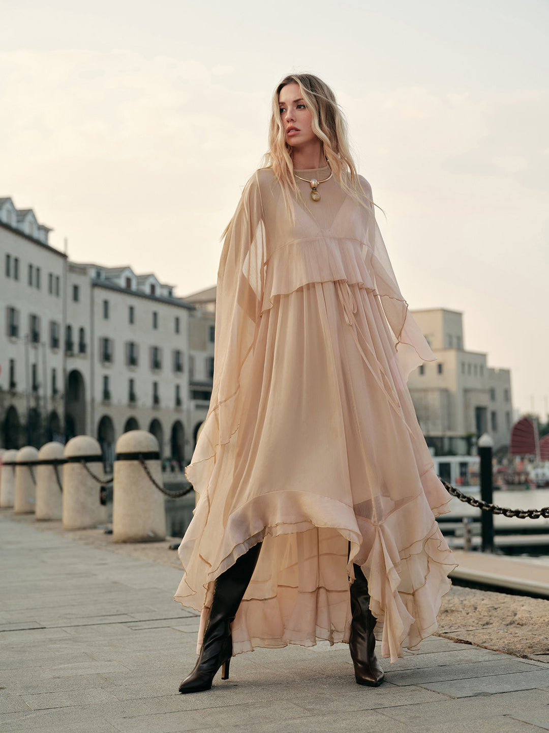 Semi-Sheer Chiffon Layered Dress With Cloak
