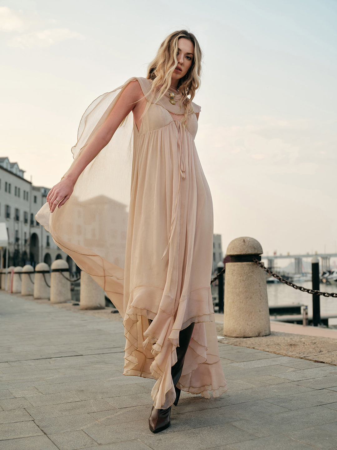 Semi-Sheer Chiffon Layered Dress With Cloak