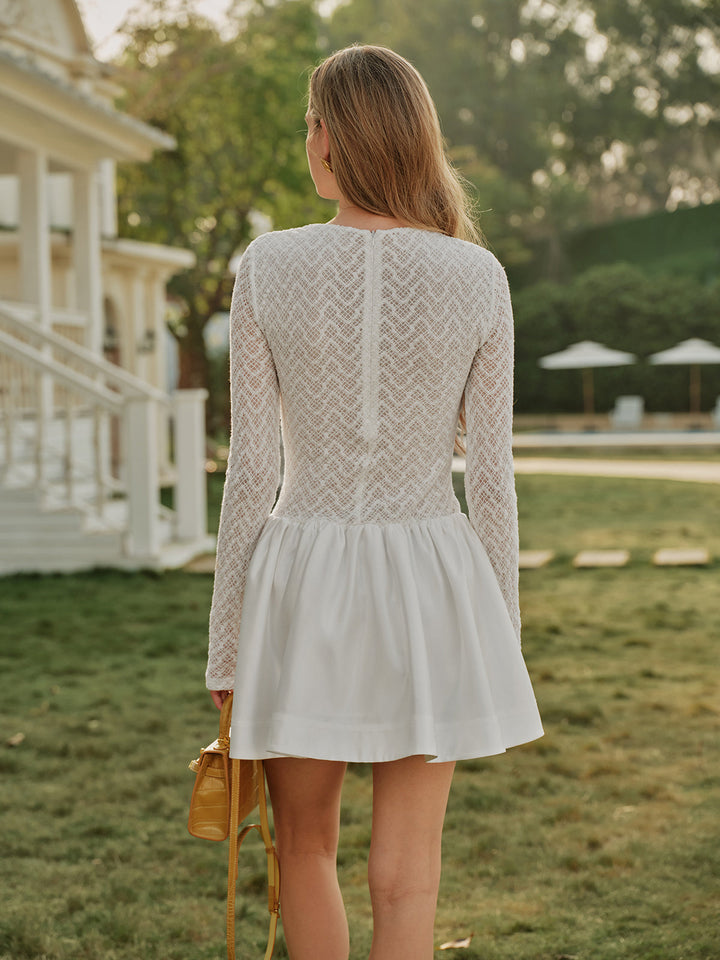 Semi-Sheer Lace Satin Panel Long Sleeve Dress