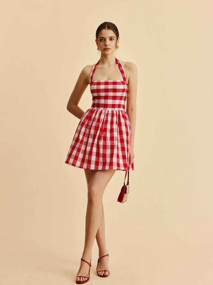 Plaid Halter Flare Dress