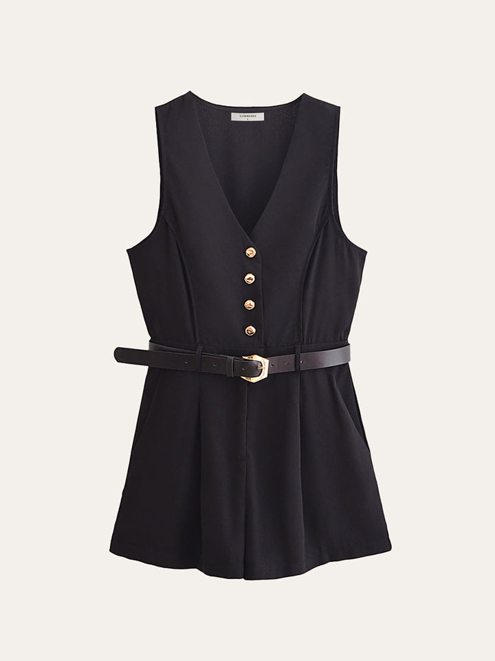 Gold Button Detail Belted Jumpsuit