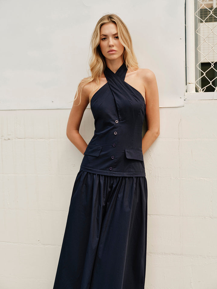 Halter Cross-Over Collar Zipper Decor-Pockets Dress