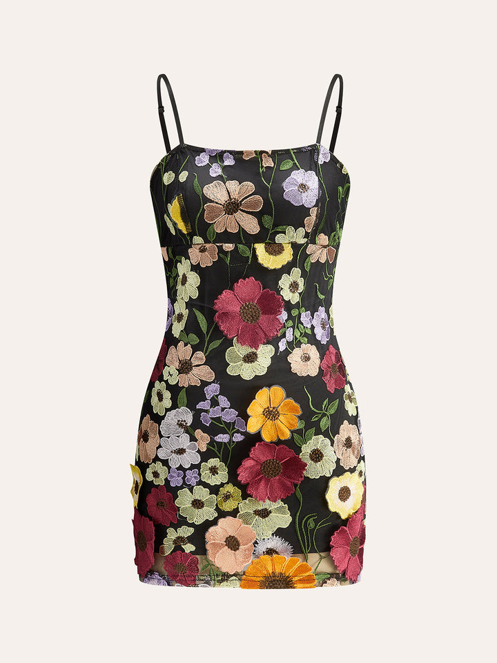 Colorful Floral Embroidered Mesh Dress