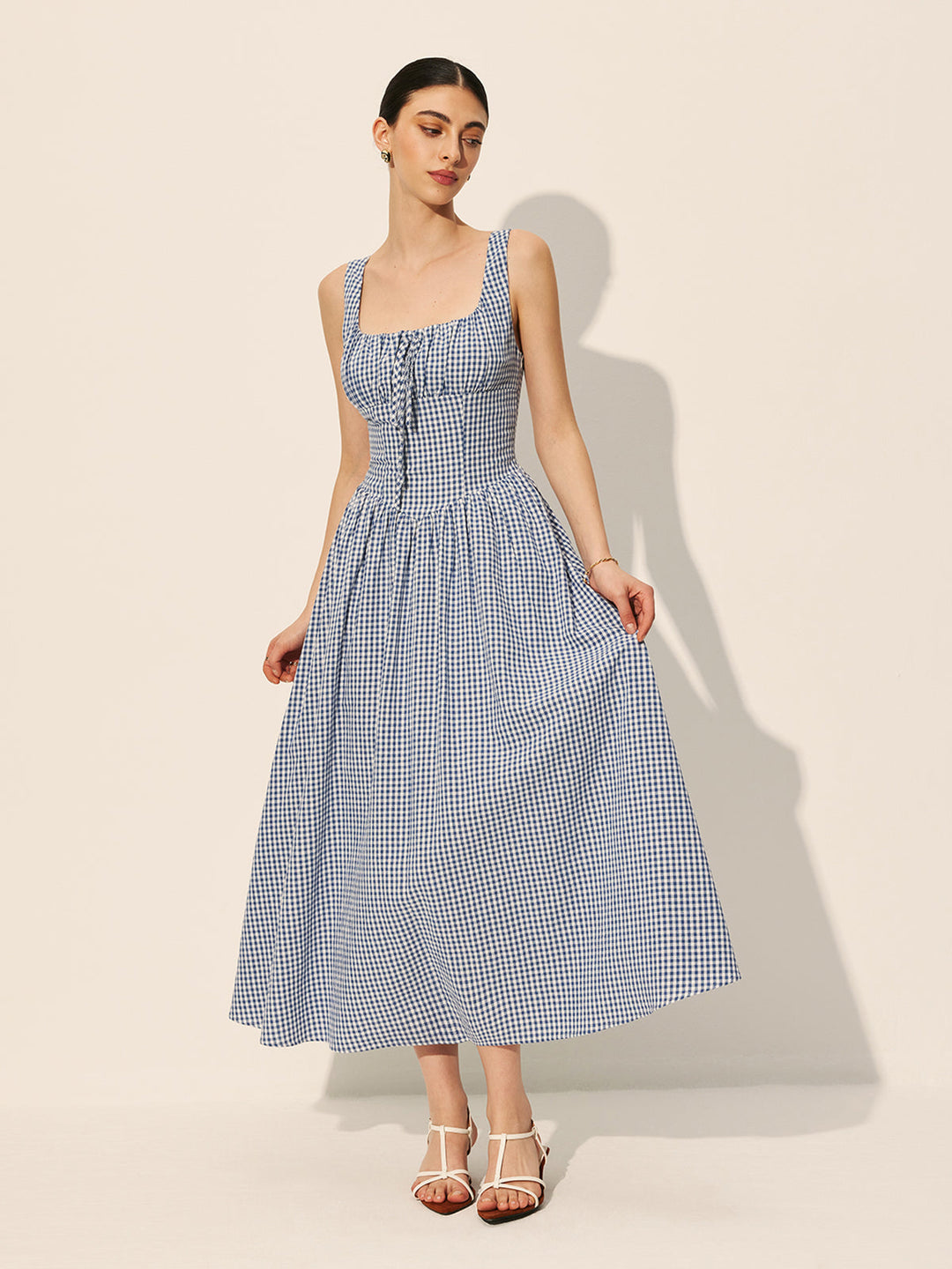 Cotton Checkerboard Tie-Front Dress
