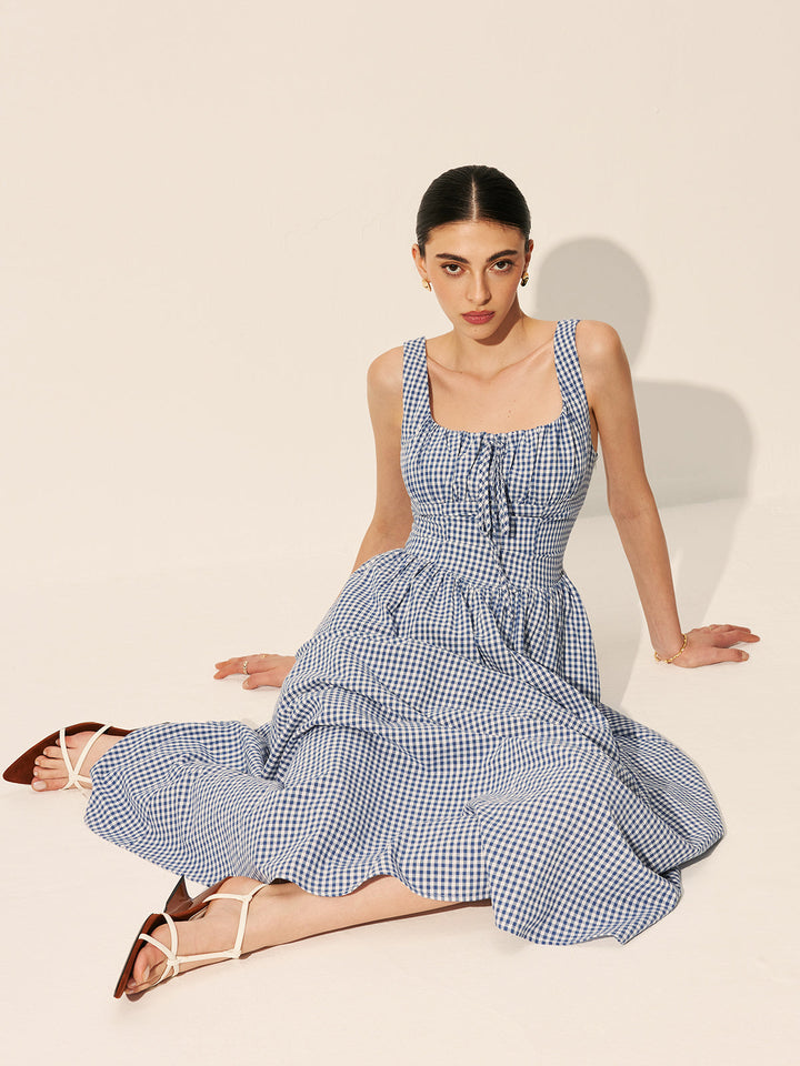 Cotton Checkerboard Tie-Front Dress