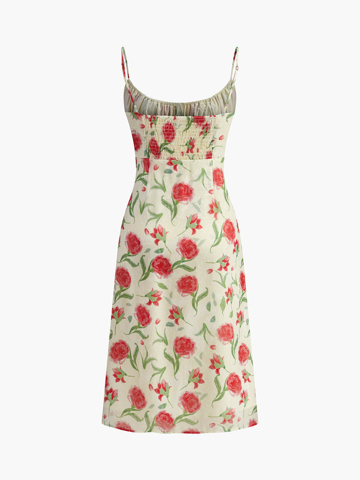 Floral Ruched Button Detail Dress