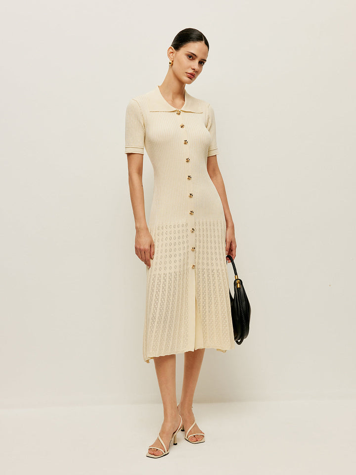Knit Hollow Buttoned Polo Dress