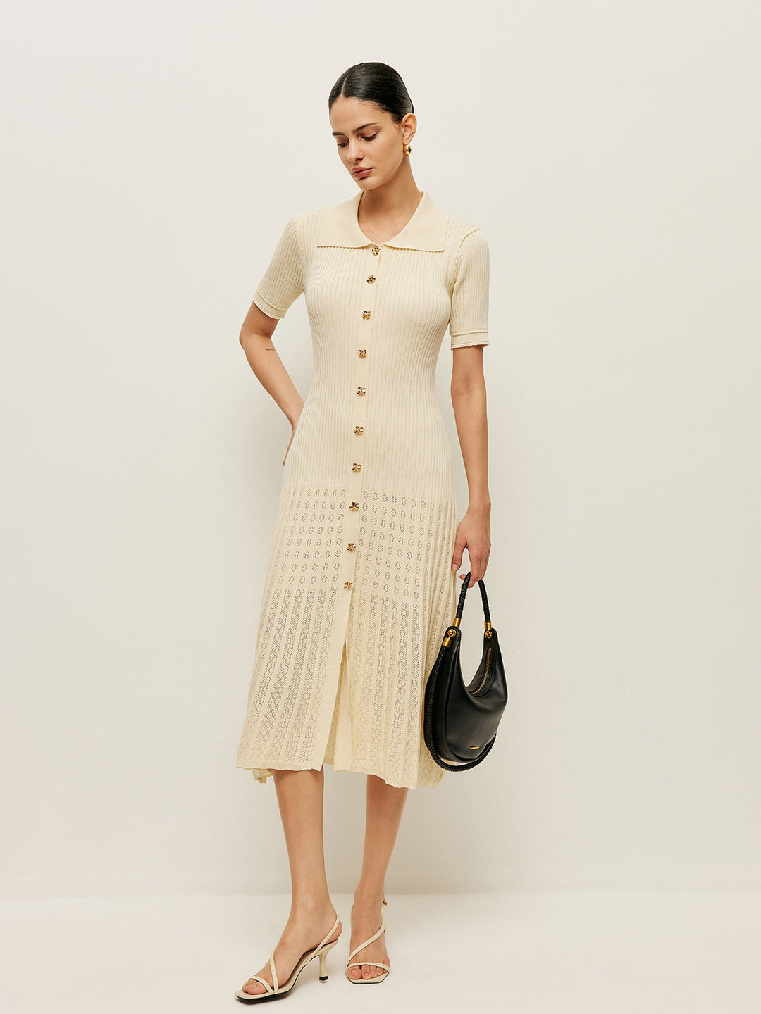 Knit Hollow Buttoned Polo Dress