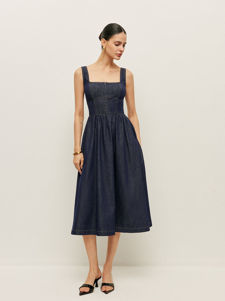 Square Neck Button-Front Denim Dress