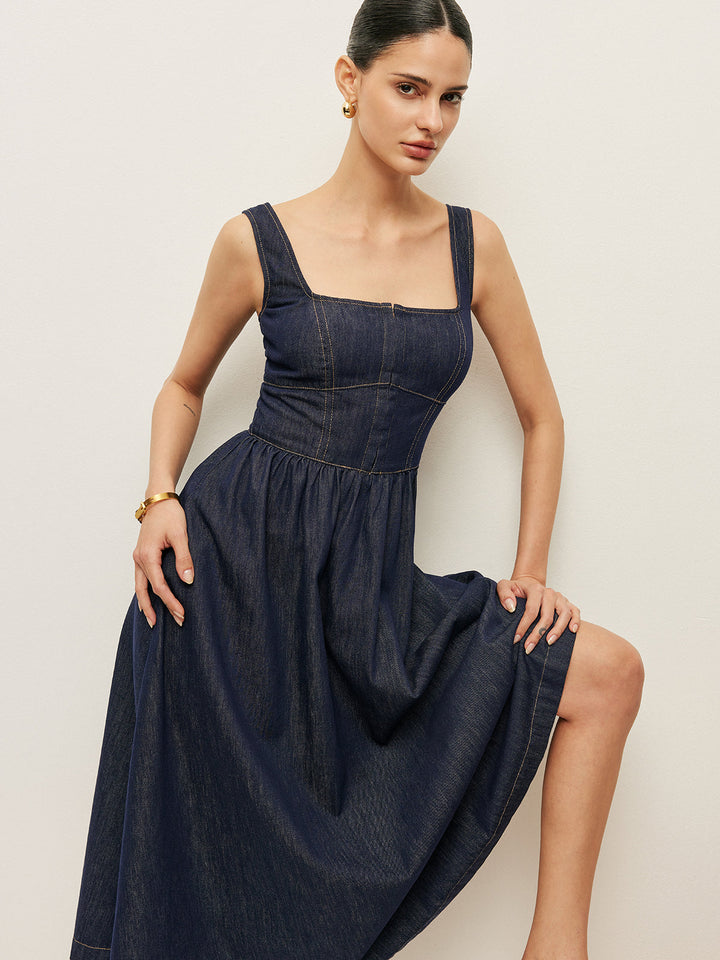 Square Neck Button-Front Denim Dress