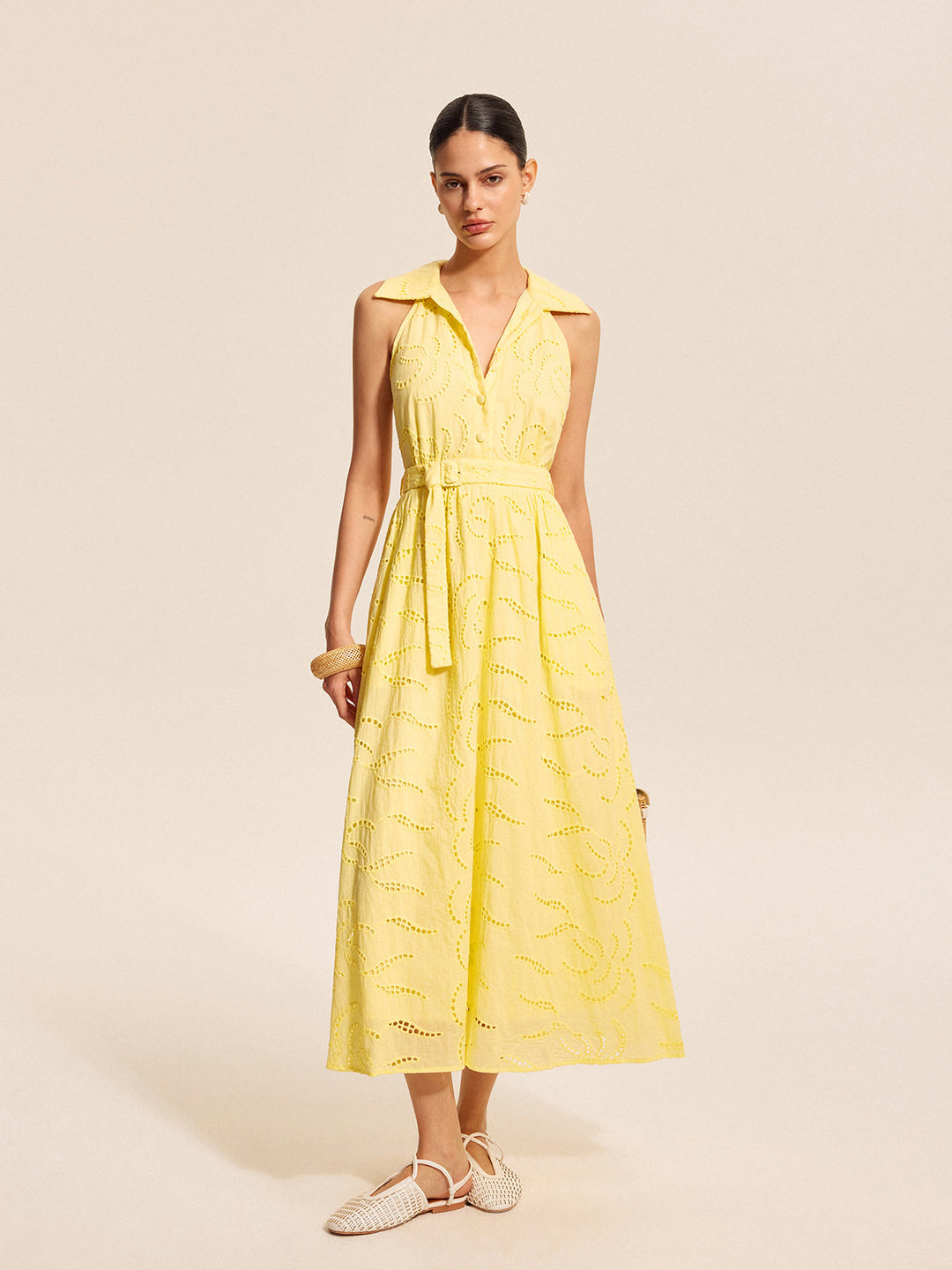 Cotton Belted Embroidered Dress