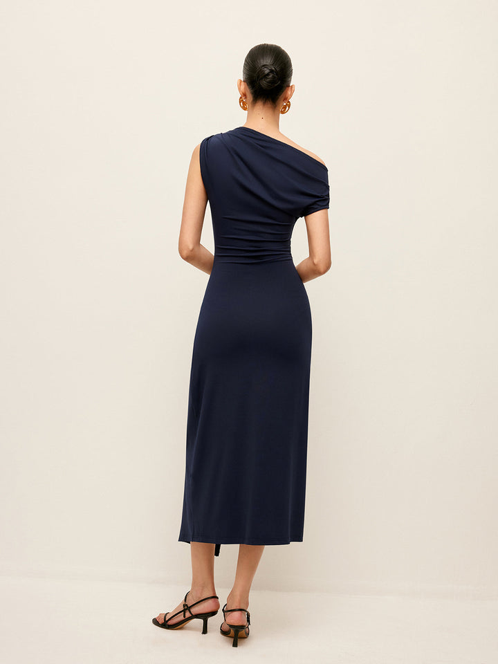 Asymmetrical Neck Metal Waist-Belt Dress