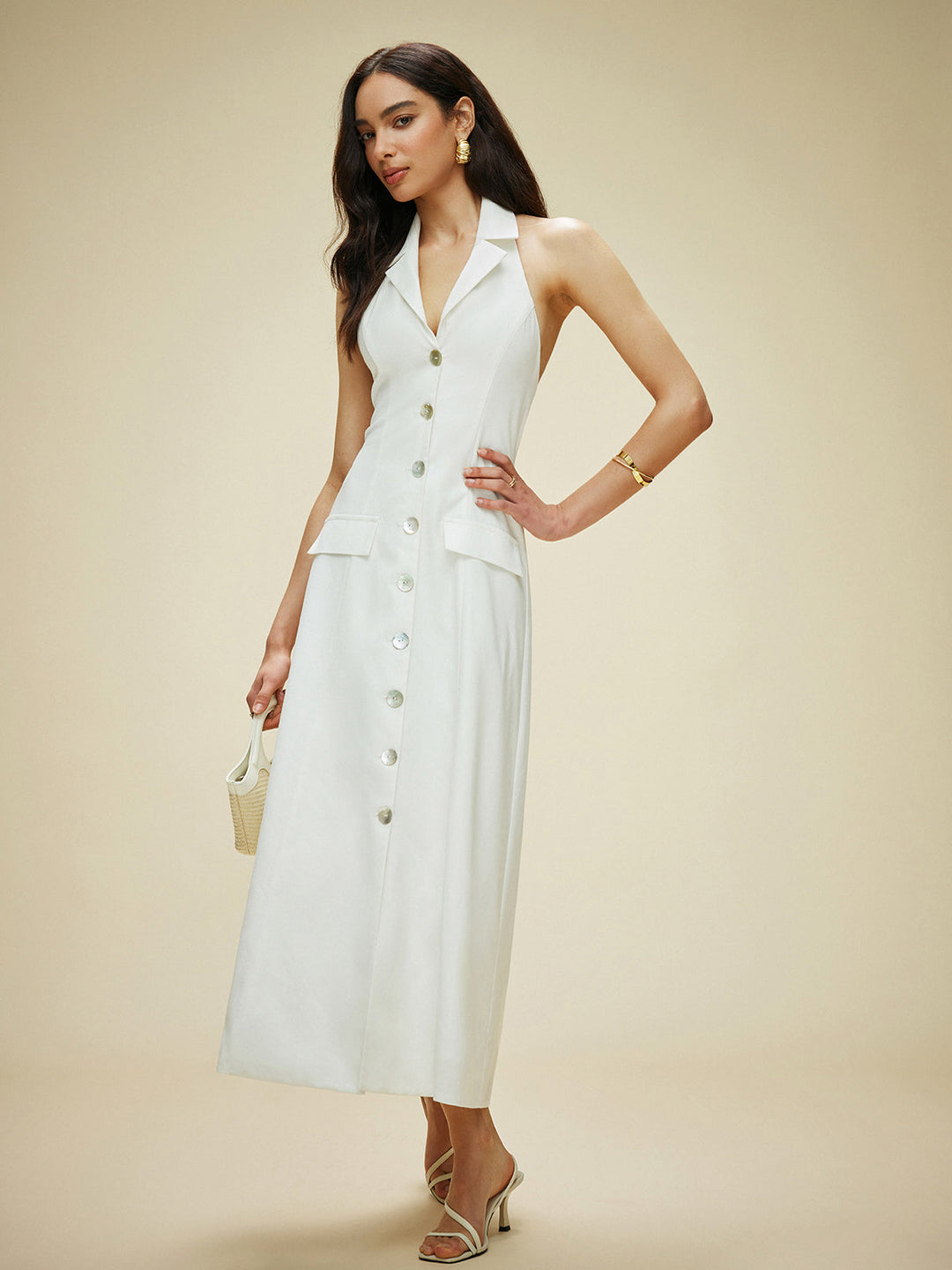 Cotton & Linen Pocket-Detail Halter Neck Tie-Back Dress
