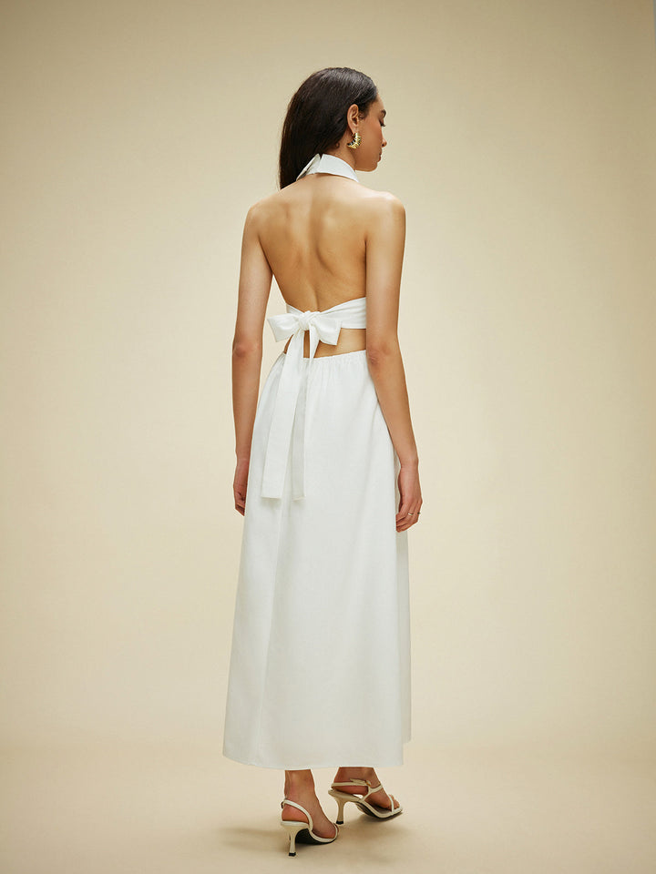 Cotton & Linen Pocket-Detail Halter Neck Tie-Back Dress