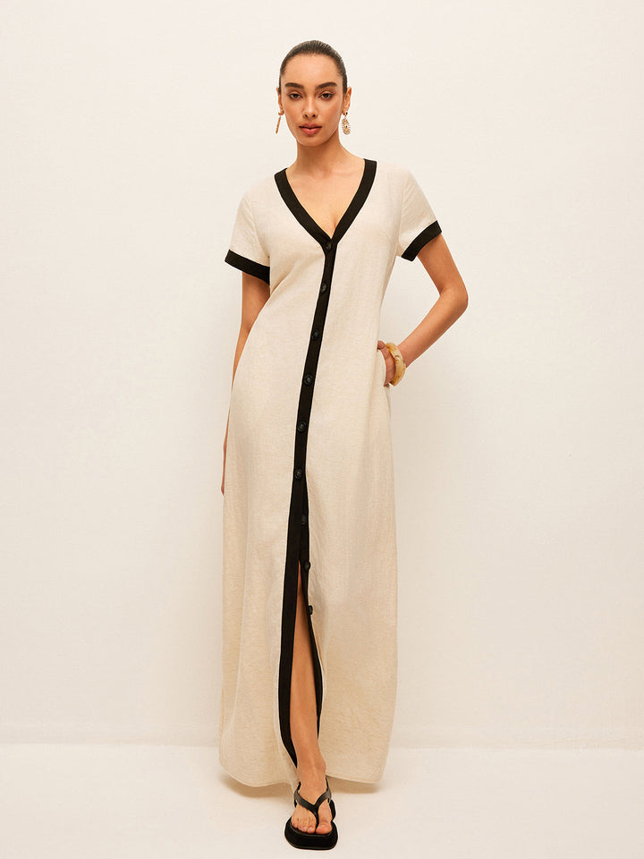 Cotton & Linen High-Slit Contrast Trim Dress